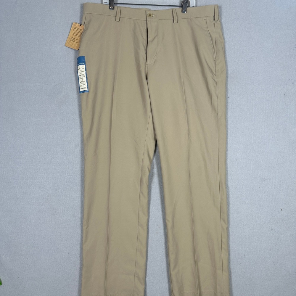 NEW Haggar Pants Mens 40X32 Tan Performance Microfiber Slacks Dress Straight Fit